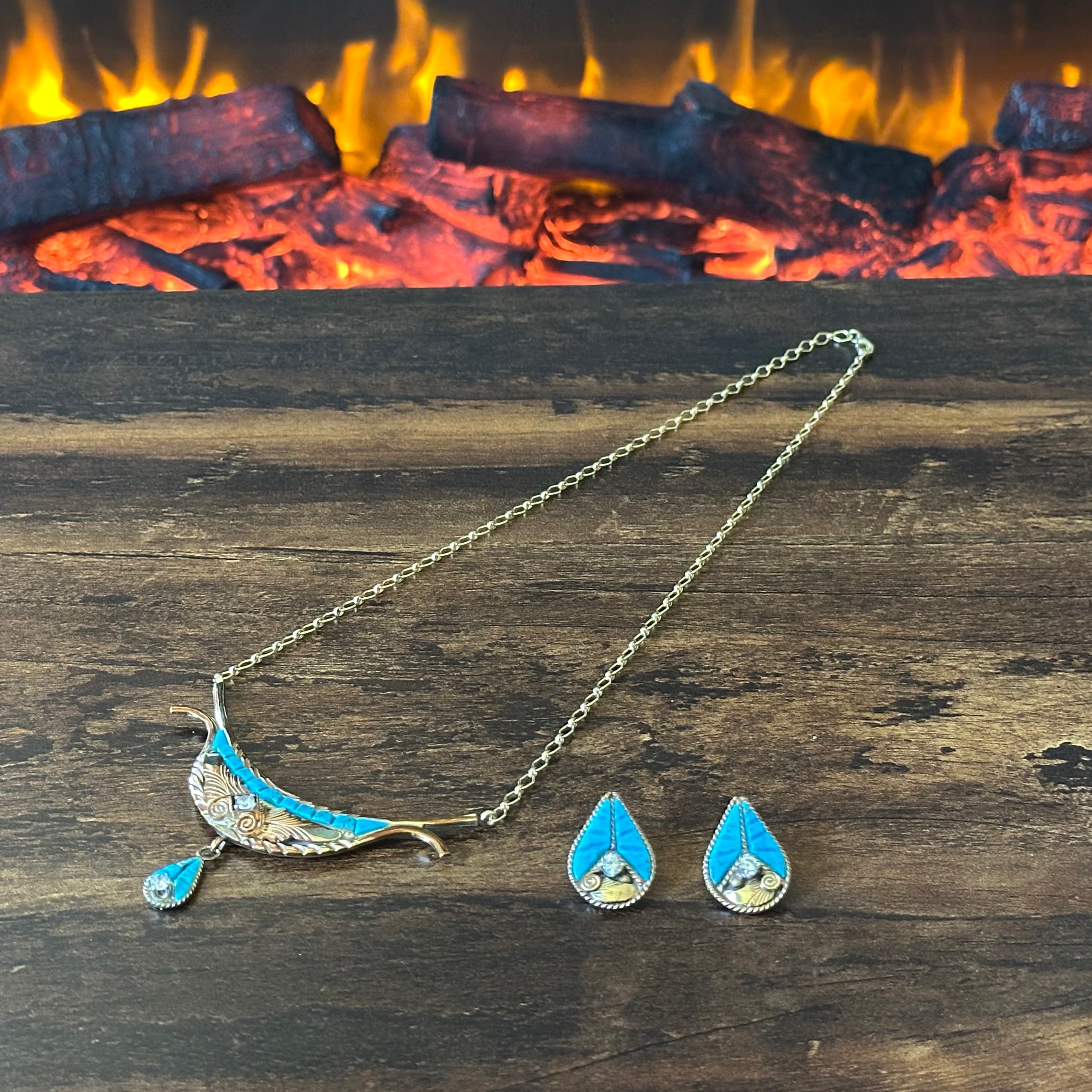 Silver Ray Turquoise Gold Over Sterling Ornate Inlay Necklace Earrings Set