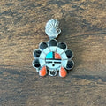 Zuni Morris Laahte Turquoise Red Coral Mother of Pearl Jet Sterling Sunface Inlay Pendant