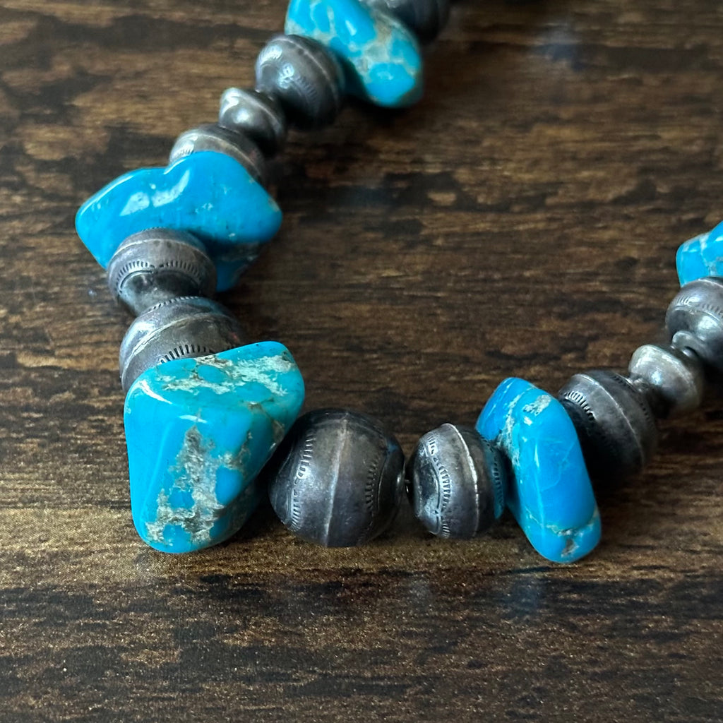 Vintage Turquoise 13 Nugget Sterling Torpedo Bench Bead Necklace