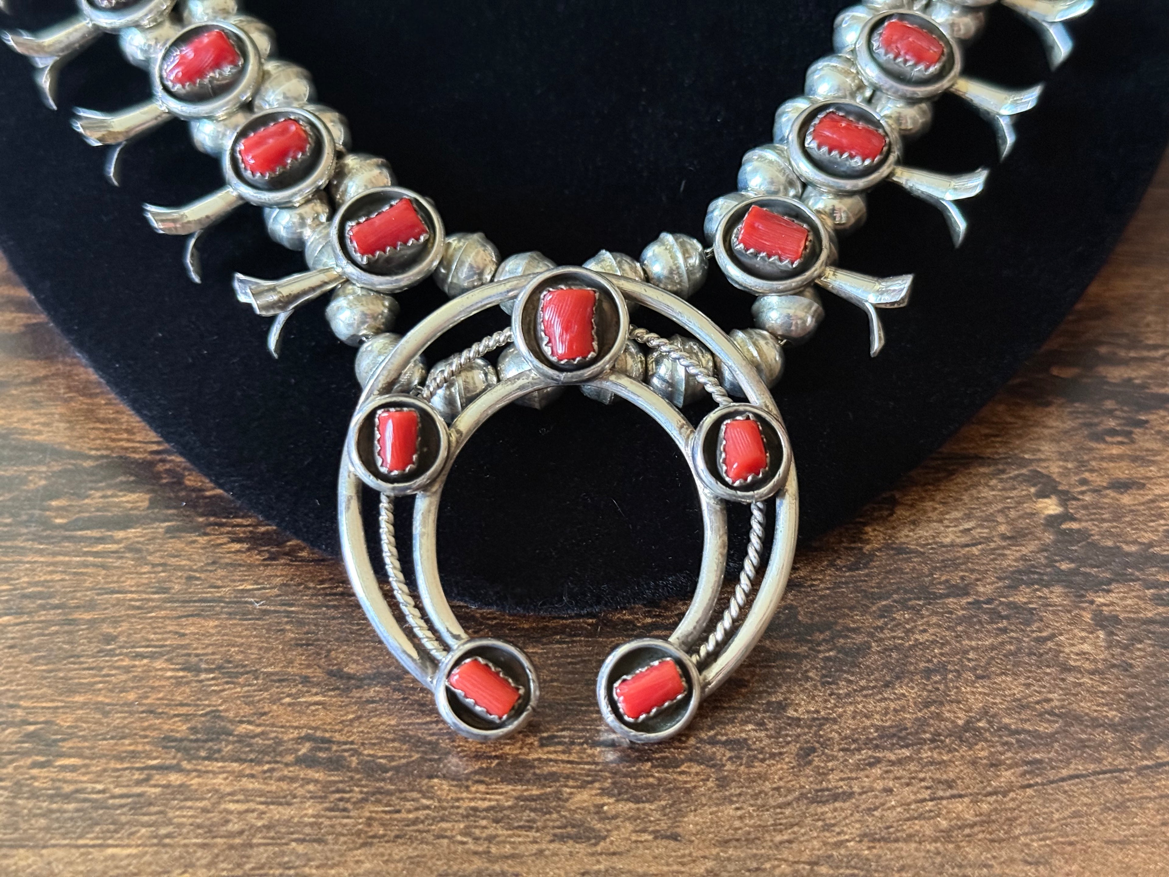 Navajo Phil & Lenora Garcia Red Coral 19 Stone Sterling Squash Blossom Necklace Earrings Set
