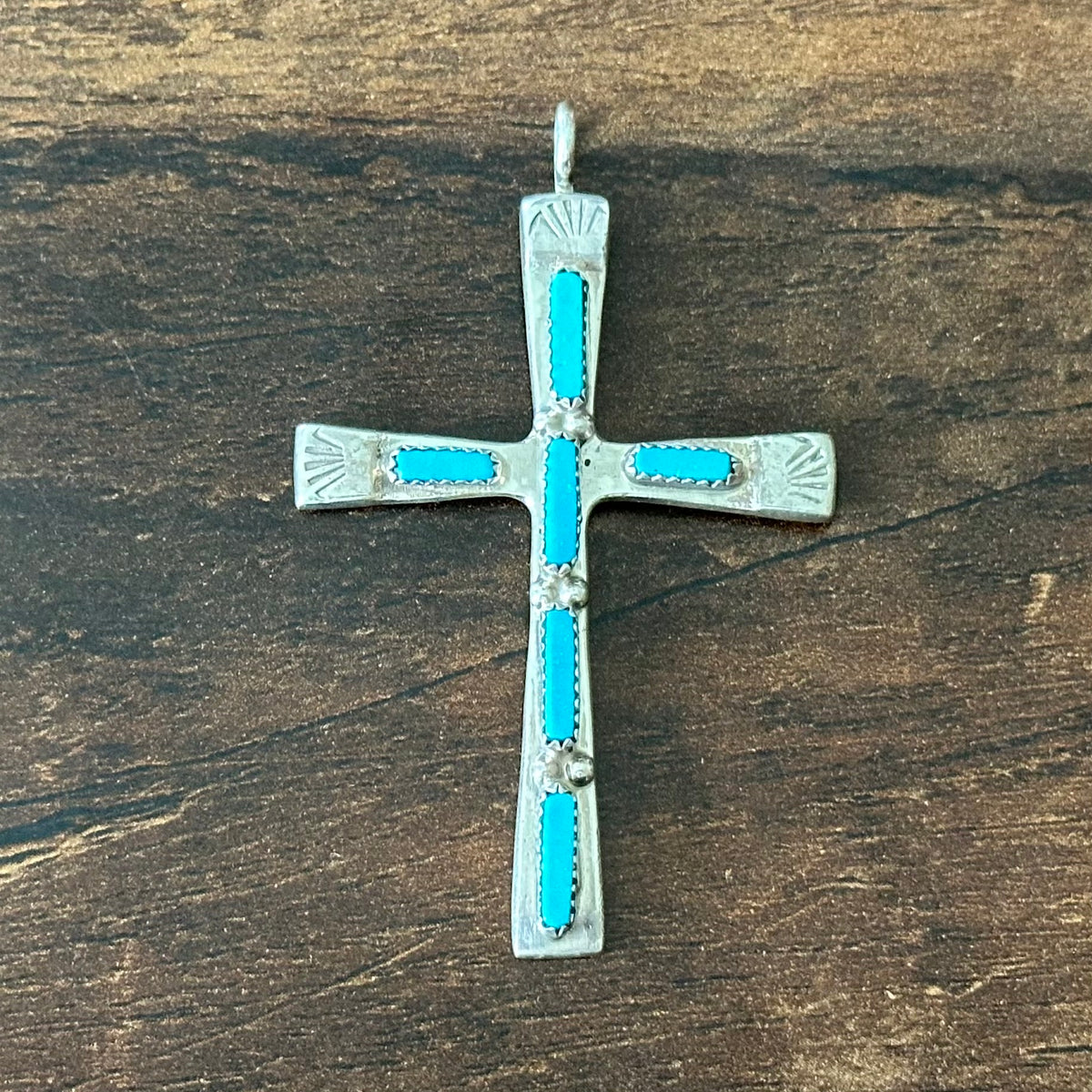 Zuni Cecilia Iule Sleeping Beauty Turquoise 6 Stone Sterling Cross Pendant