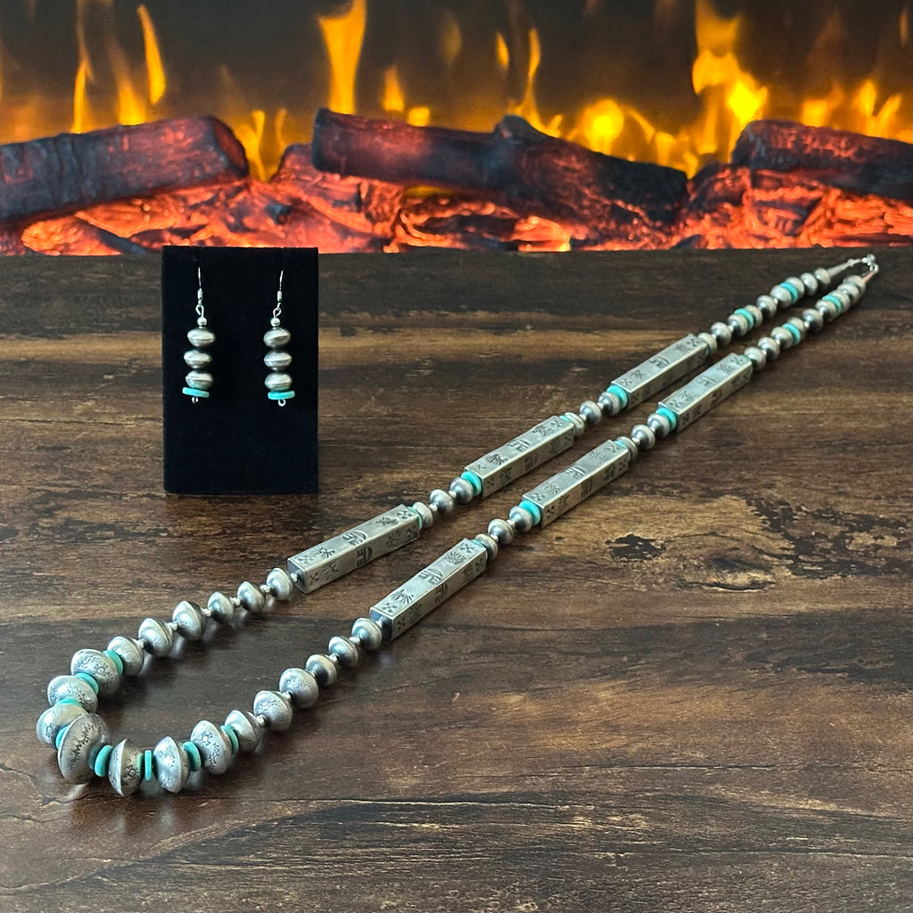 Navajo Tysha Aparicio Turquoise Sterling Handmade Rectangular Bead Stamped Necklace Earrings Set
