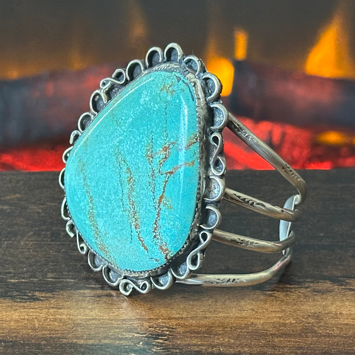 Vintage Turquoise Sterling Hand Stamped Floral Statement Cuff