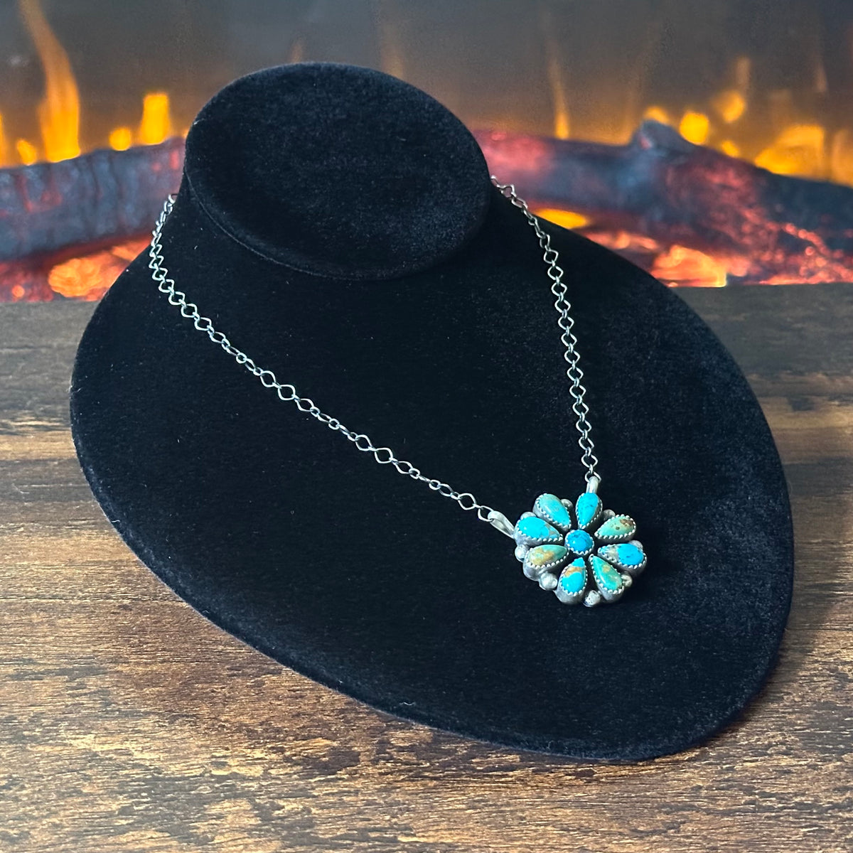 Navajo Judy Largo Turquoise 9 Stone Sterling Floral Cluster Pendant Necklace