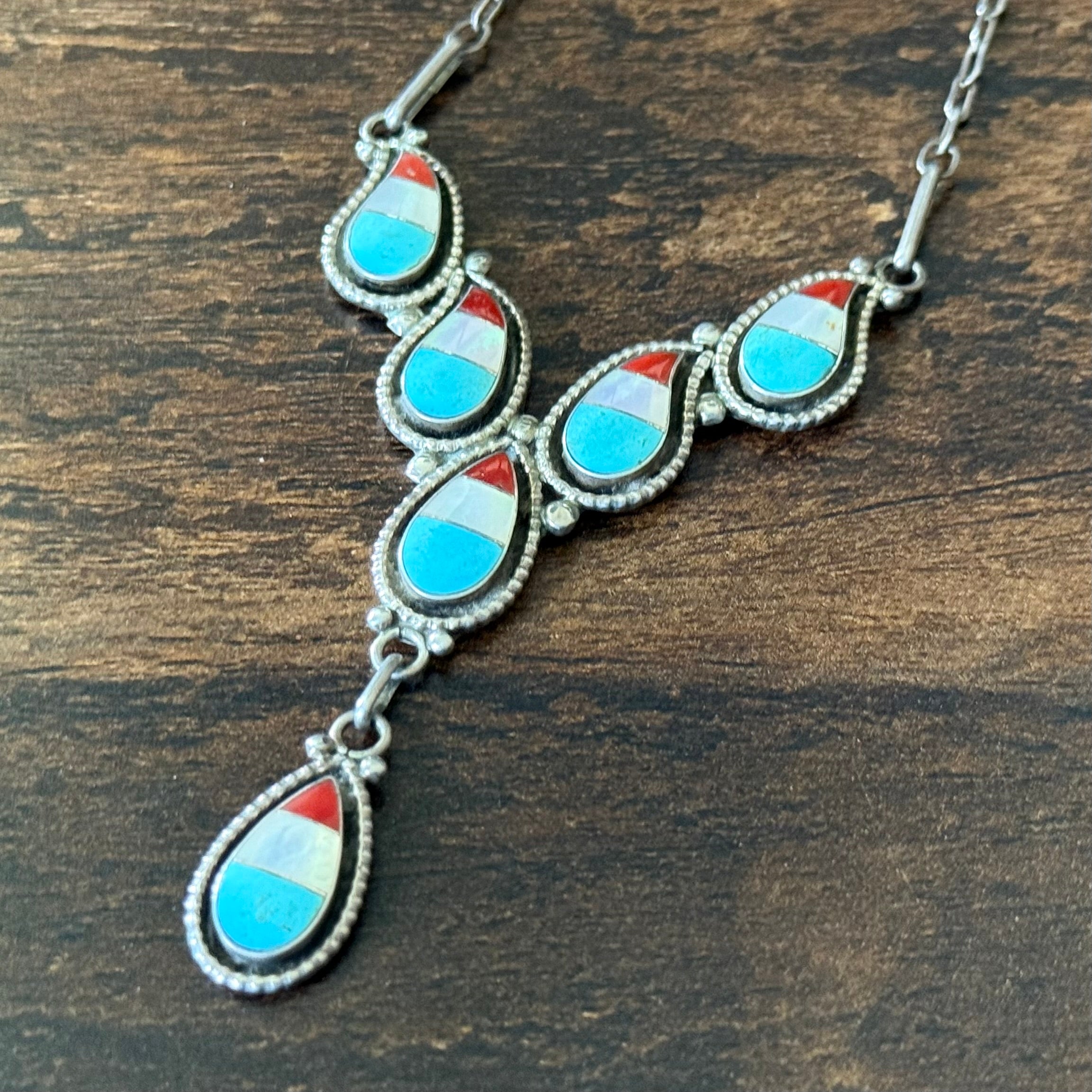 Zuni Lowsayatee 1990s Turquoise Mother of Pearl Red Coral Sterling Inlay Teardrop Necklace
