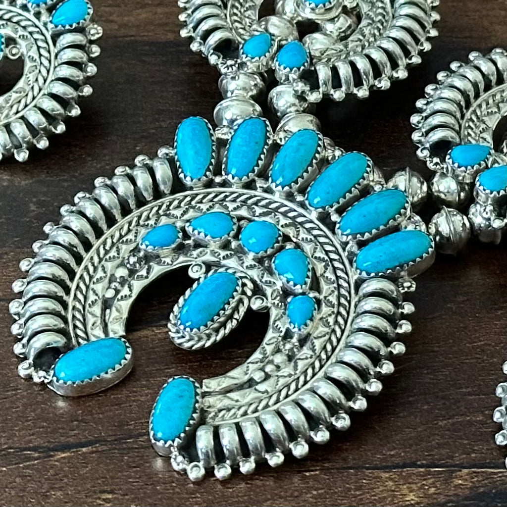 Navajo Nora Tsosie Turquoise 44 Stone Sterling Hand Stamped Petite Point Naja Statement Necklace Earrings Cuff Set