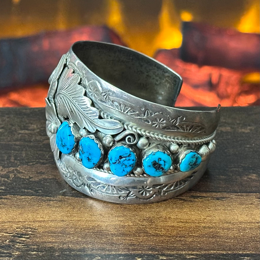 Navajo Ma’ Atsidii Vintage Turquoise 5 Stone Sterling Ornate Floral Statement Cuff