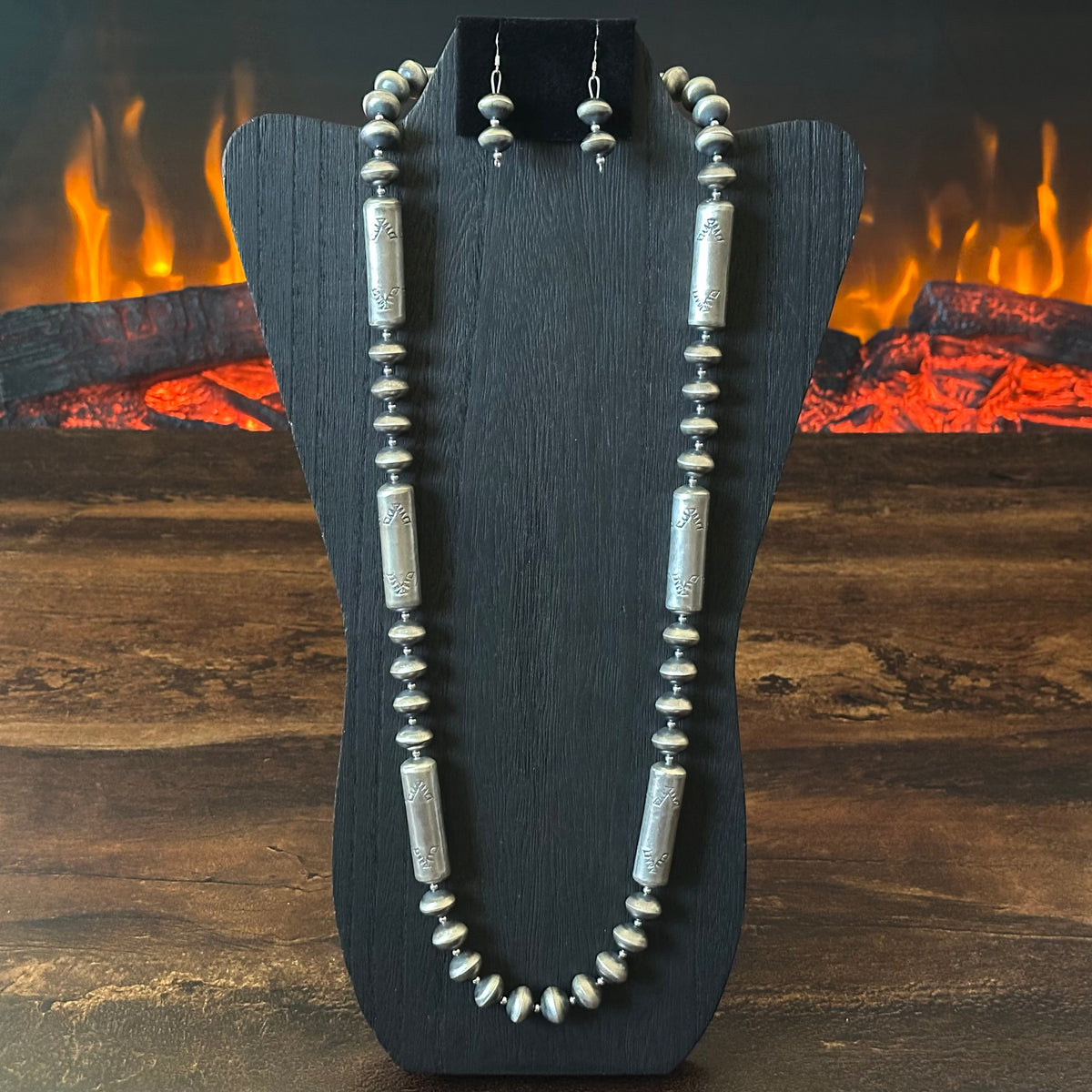 Navajo Sharon Cooley Sterling Handmade Stamped Cylinder Bead Necklace Earrings Set