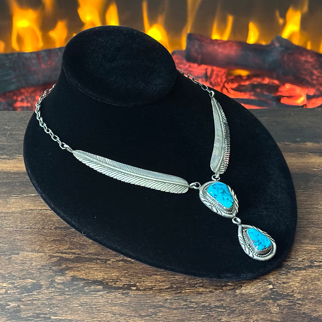 Turquoise Sterling Twist Wire Bezel Feather Statement Necklace