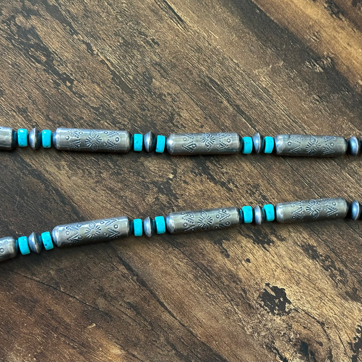 Navajo Sophia Becenti Turquoise Sterling Graduated Handmade Stamped Cylinder Bead Necklace Earrings Set