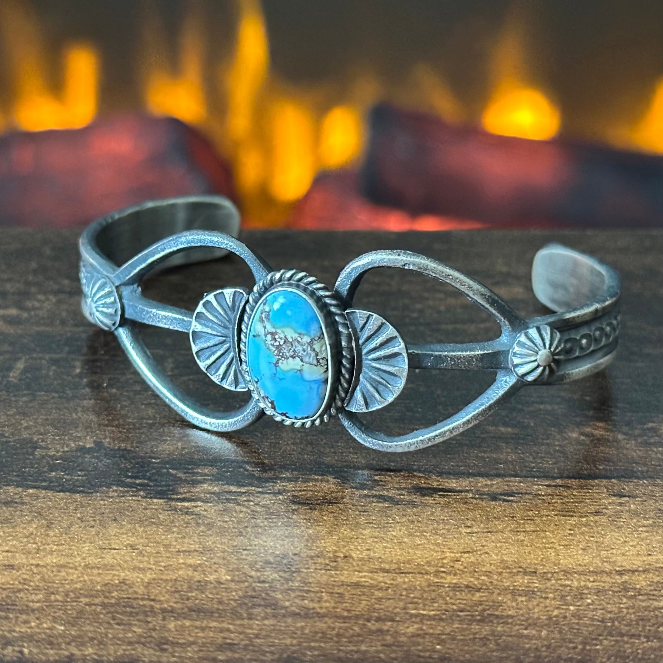Navajo Kevin Billah Golden Hills Turquoise Hand Stamped Sterling Oxidized Cuff