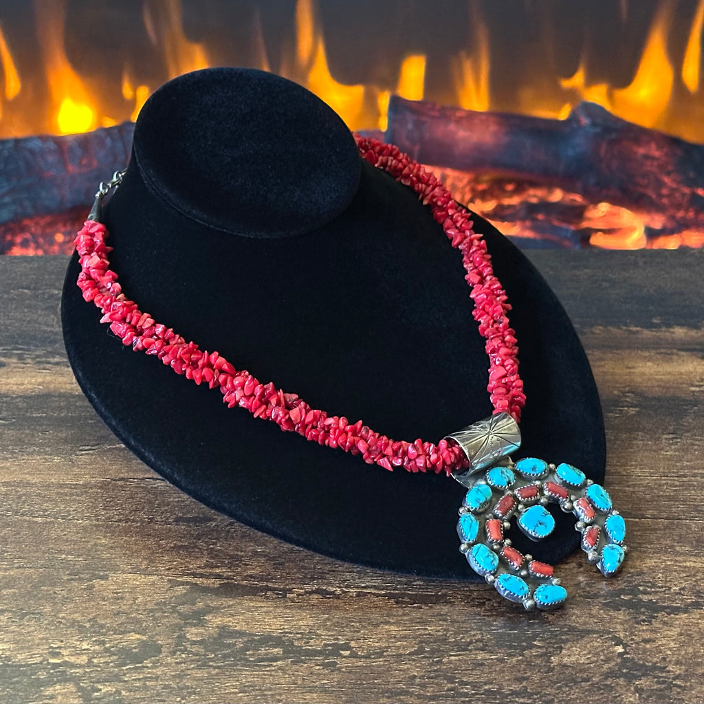 Running Bear Trading Turquoise Red Coral 20 Stone Sterling Triple Strand Hand Stamped Naja Pendant Necklace