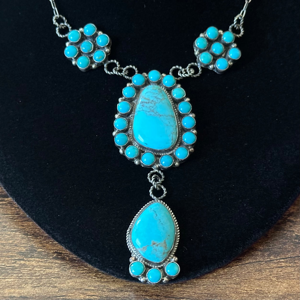 Navajo Devin Brown Kingman Turquoise 34 Stone Sterling Cluster Lariat Necklace