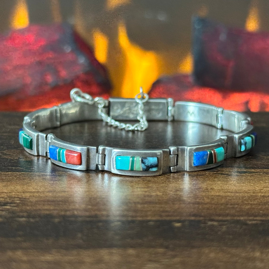 Navajo Calvin Begay Turquoise Lapis Spiny Oyster Malachite Sterling Inlay Bracelet