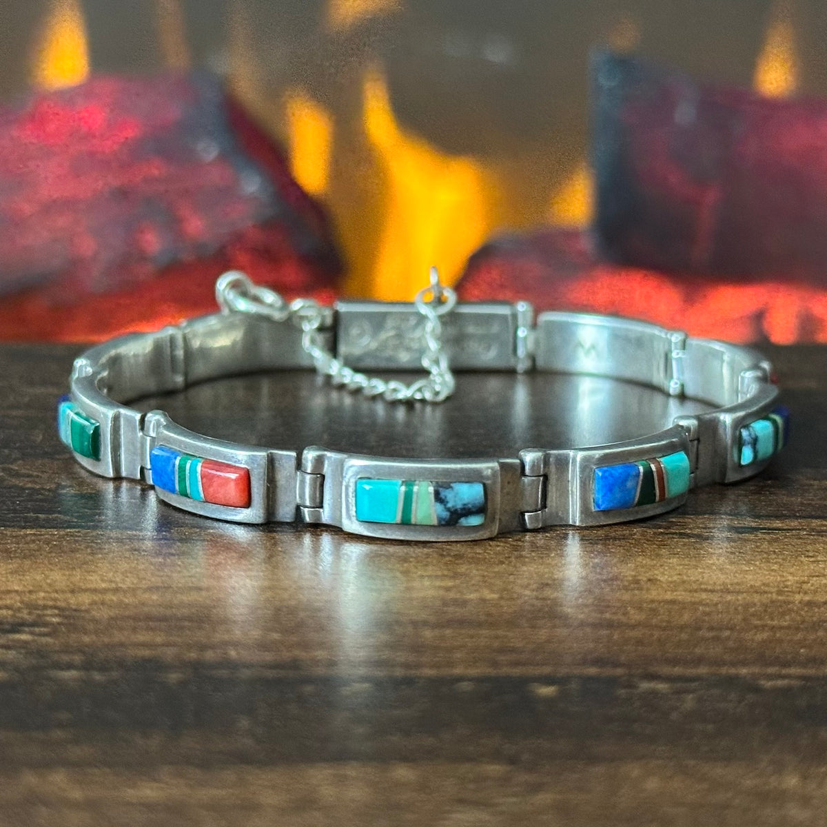 Navajo Calvin Begay Turquoise Lapis Spiny Oyster Malachite Sterling Inlay Bracelet