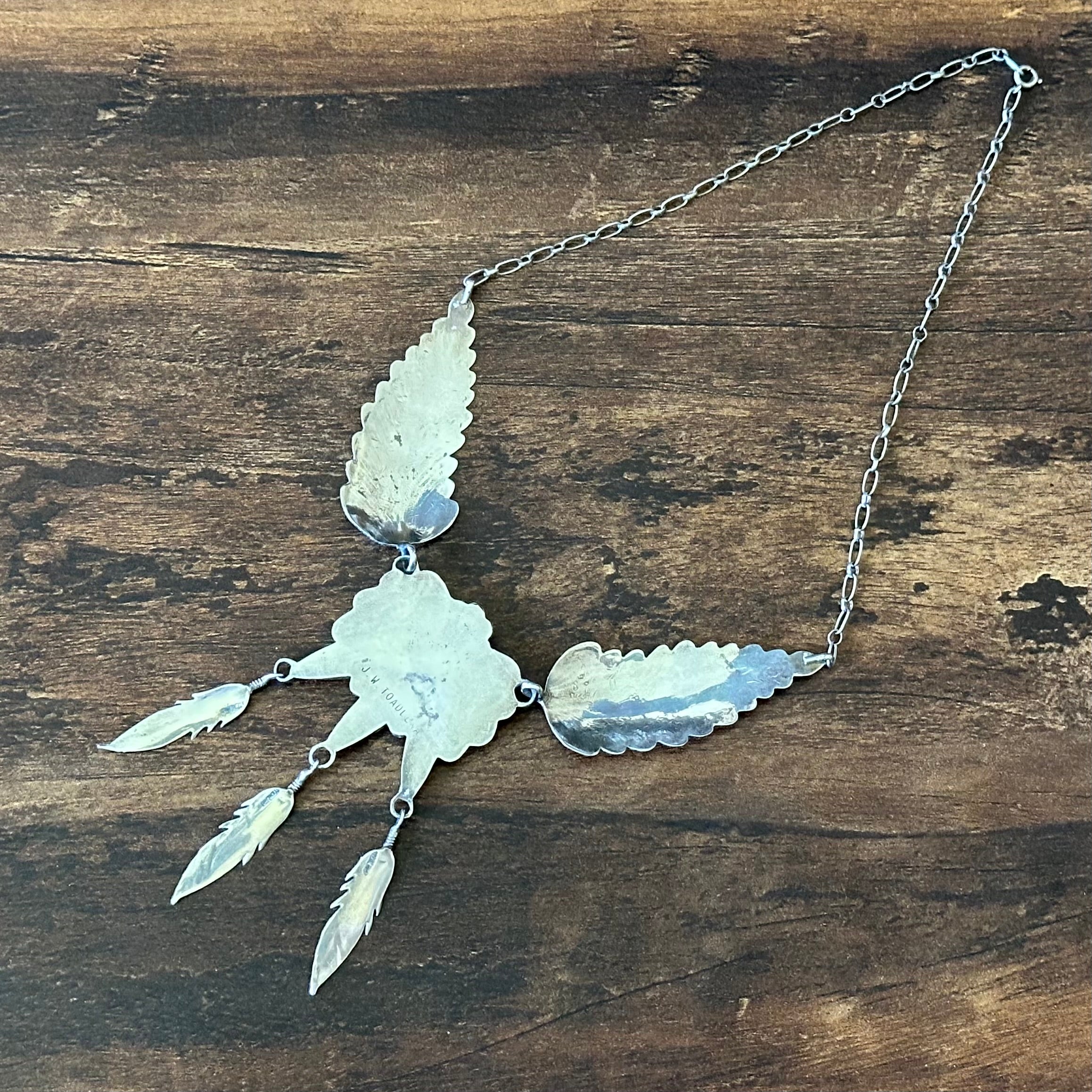 Navajo JW Toadlena Onyx 3 Stone Sterling Floral Leaf Feather Statement Necklace