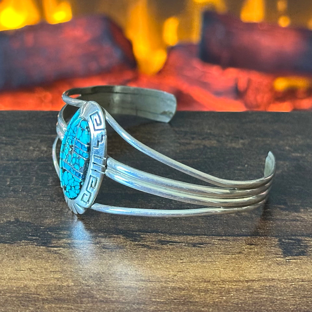 Navajo Aaron Johnson Webbed Turquoise Sterling Hand Stamped Oval Inlay Cuff