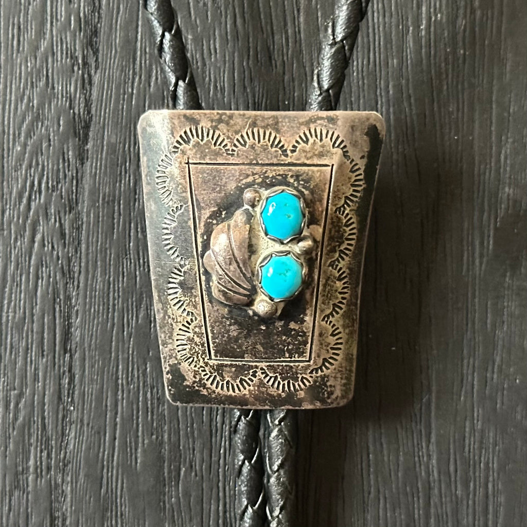 Spencer Signed Turquoise Sterling Hand Stamped Vintage Bolo Tie