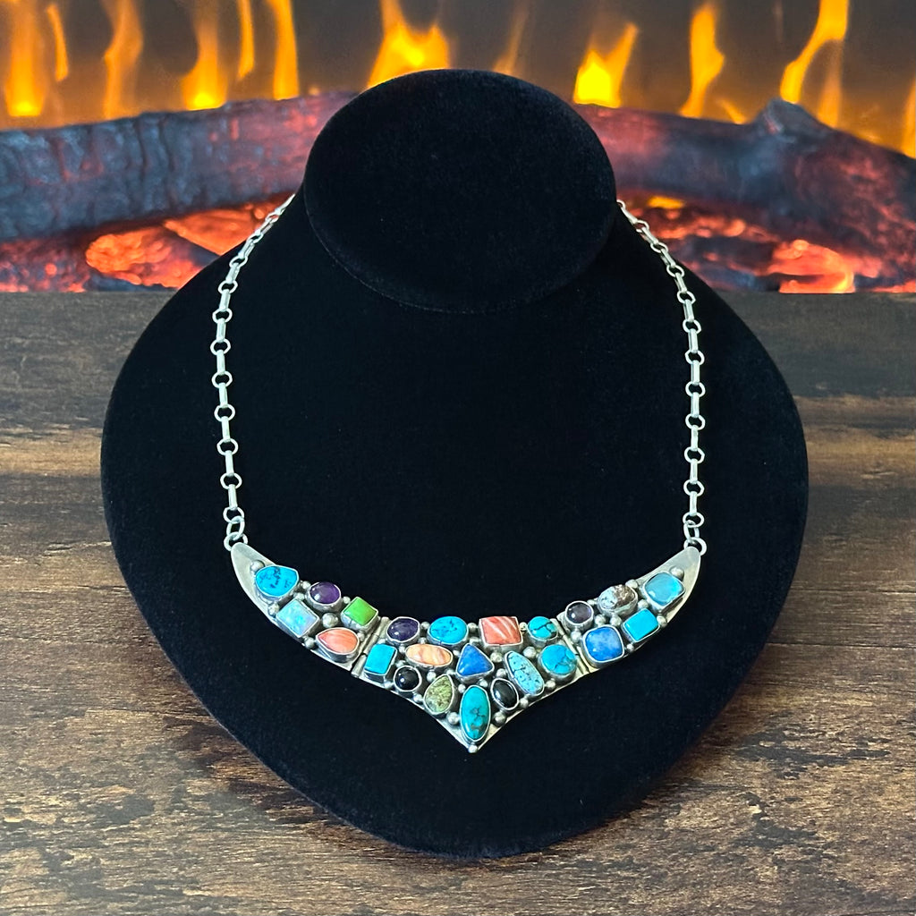 Navajo Emer Thompson Turquoise Spiny Oyster Onyx Lapis Gaspeite Opal Amethyst 23 Stone Sterling Cluster Statement Necklace