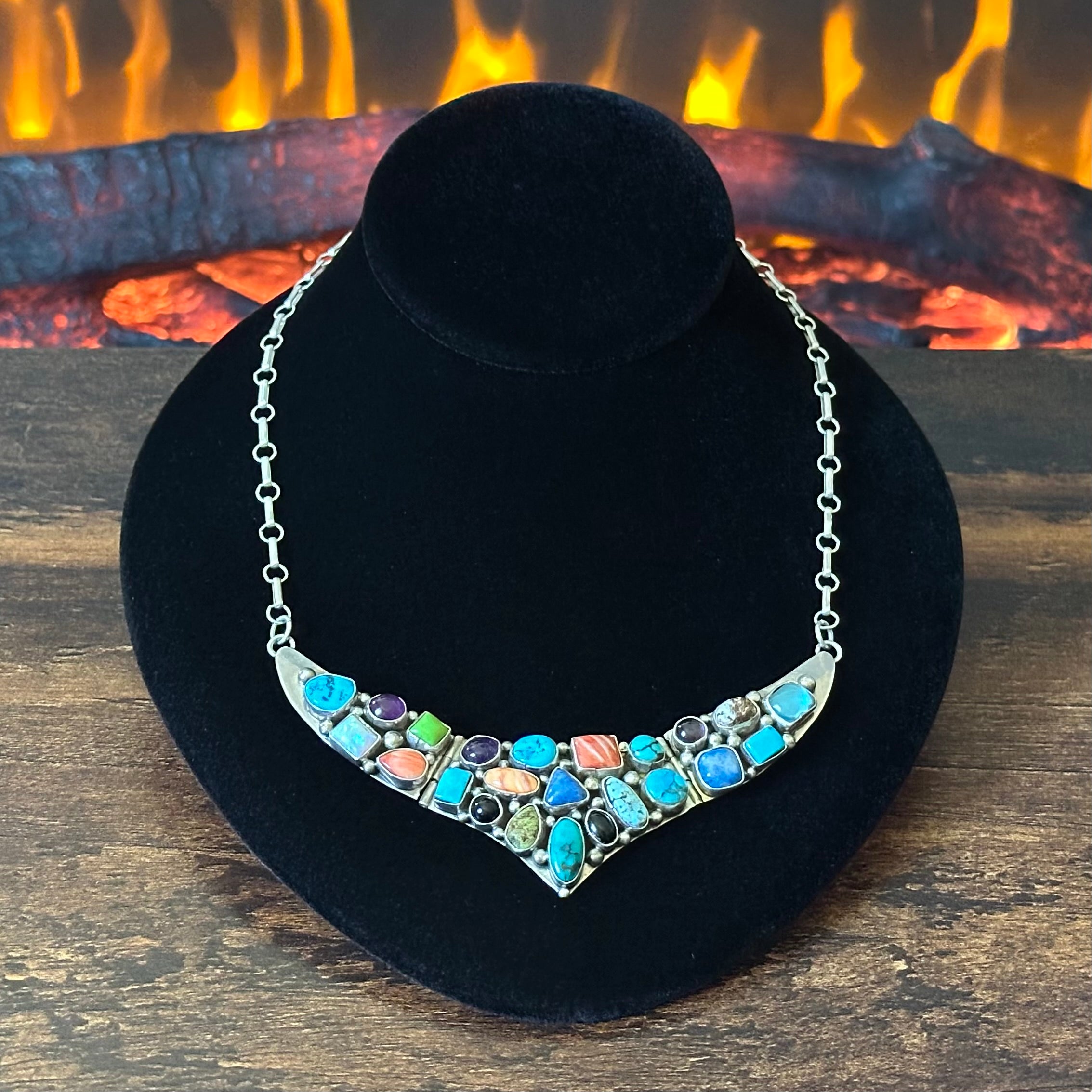 Navajo Emer Thompson Turquoise Spiny Oyster Onyx Lapis Gaspeite Opal Amethyst 23 Stone Sterling Cluster Statement Necklace