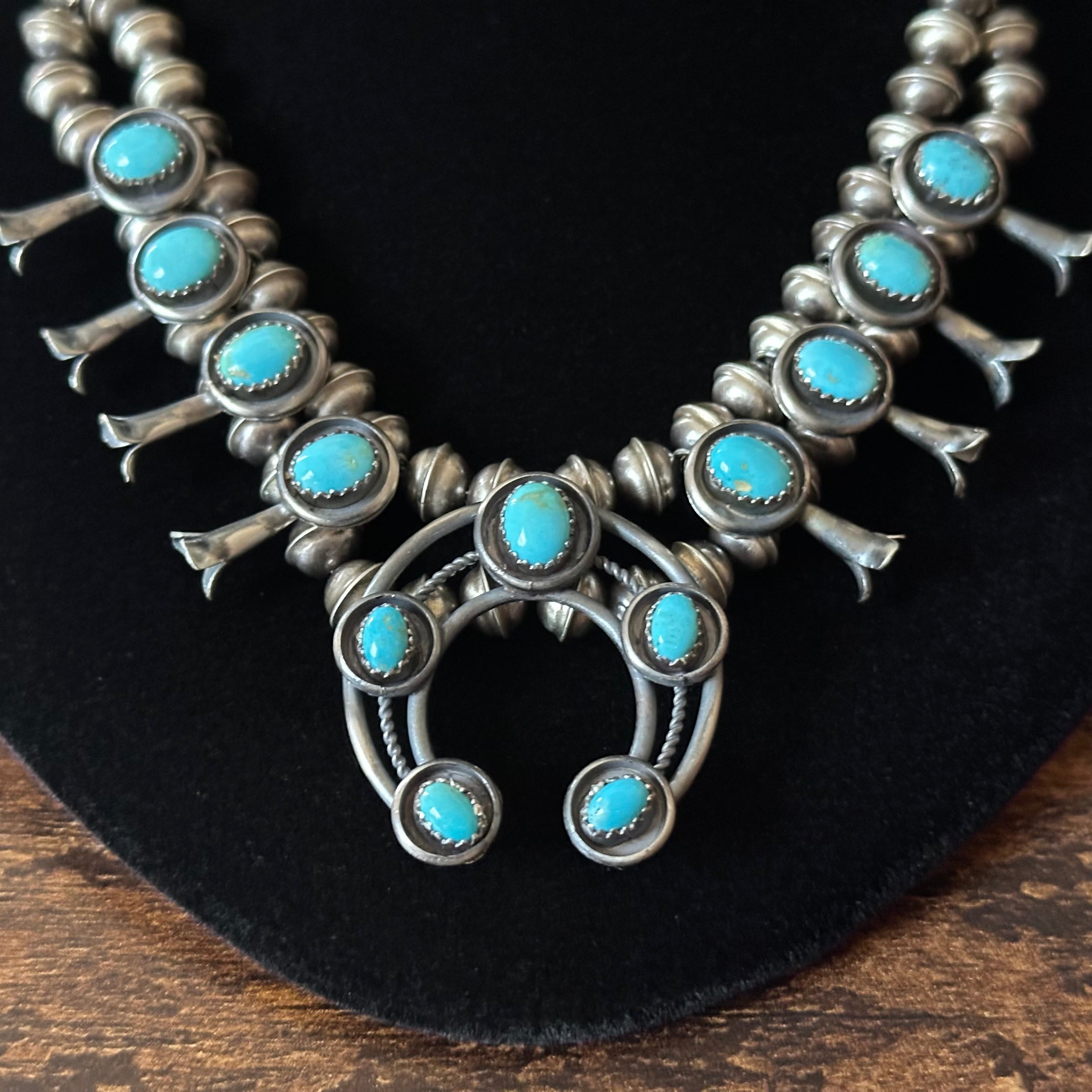 Navajo Phil & Lenora Garcia Sleeping Beauty Turquoise 13 Stone Sterling Oxidized Squash Blossom Earrings Set