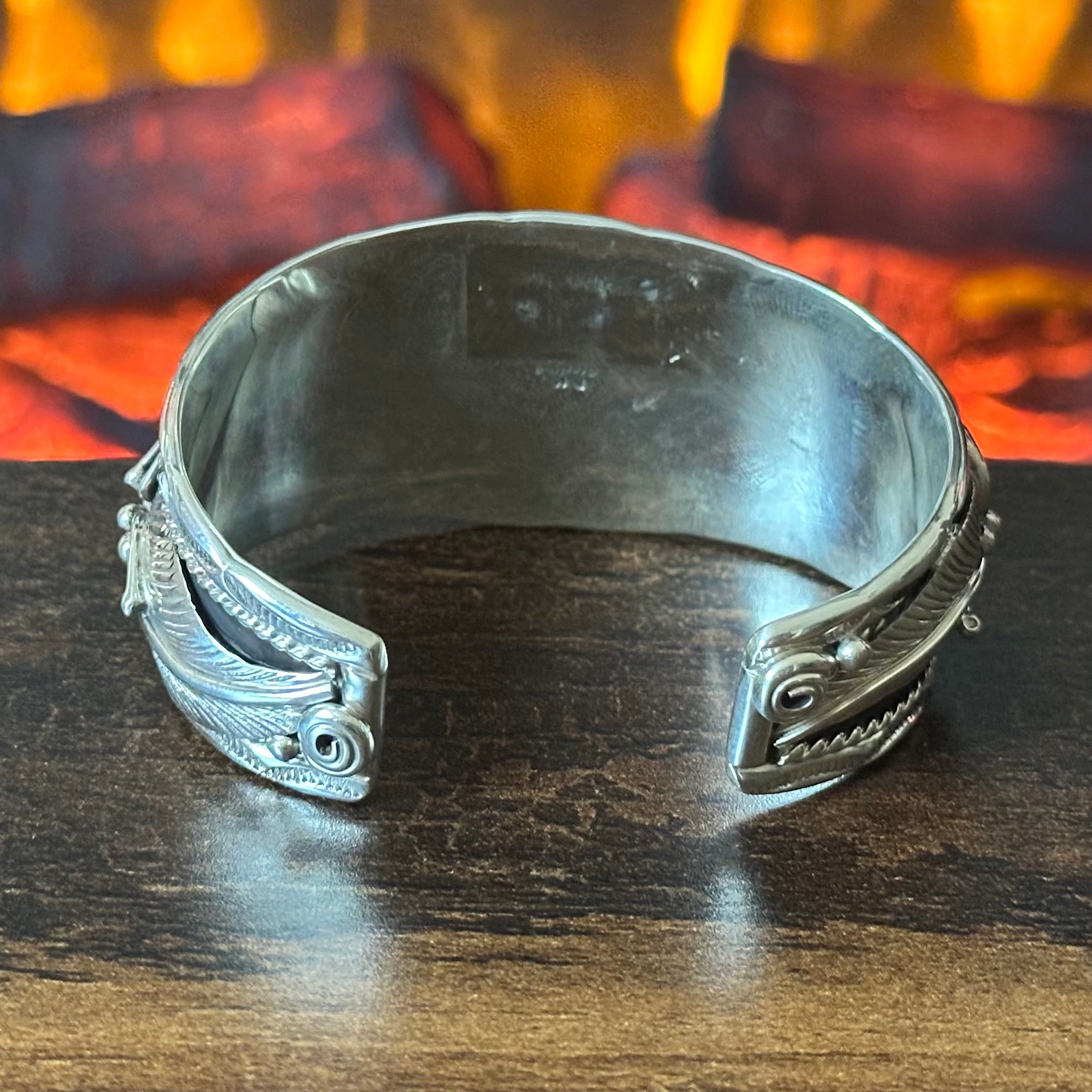 Navajo Darrell Morgan Turquoise Sterling Hand Stamped Ornate Feather Statement Cuff