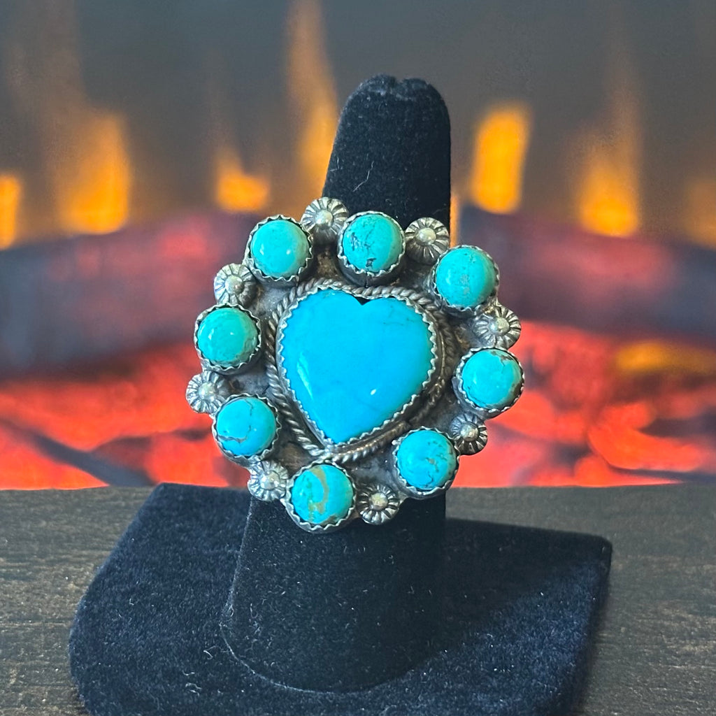 Navajo Robert Shakey Kingman Turquoise 9 Stone Sterling Cluster Heart Ring