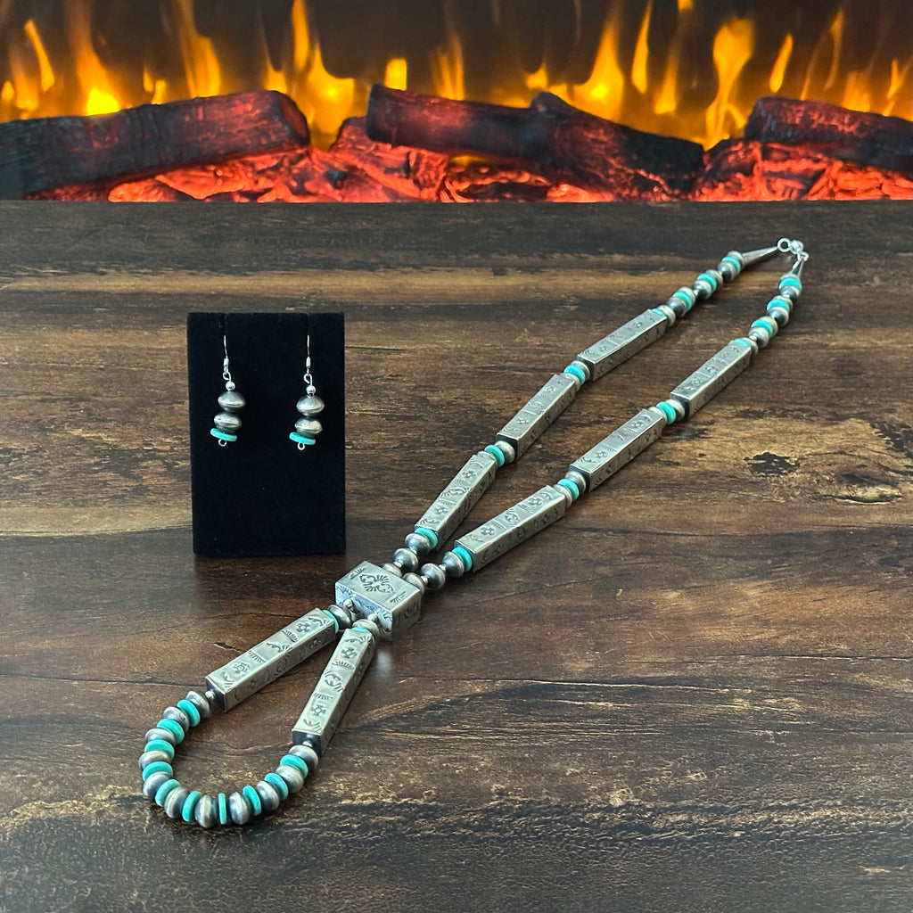 Navajo Tysha Aparicio Turquoise Sterling Handmade Rectangular Bead Stamped Necklace Earrings Set