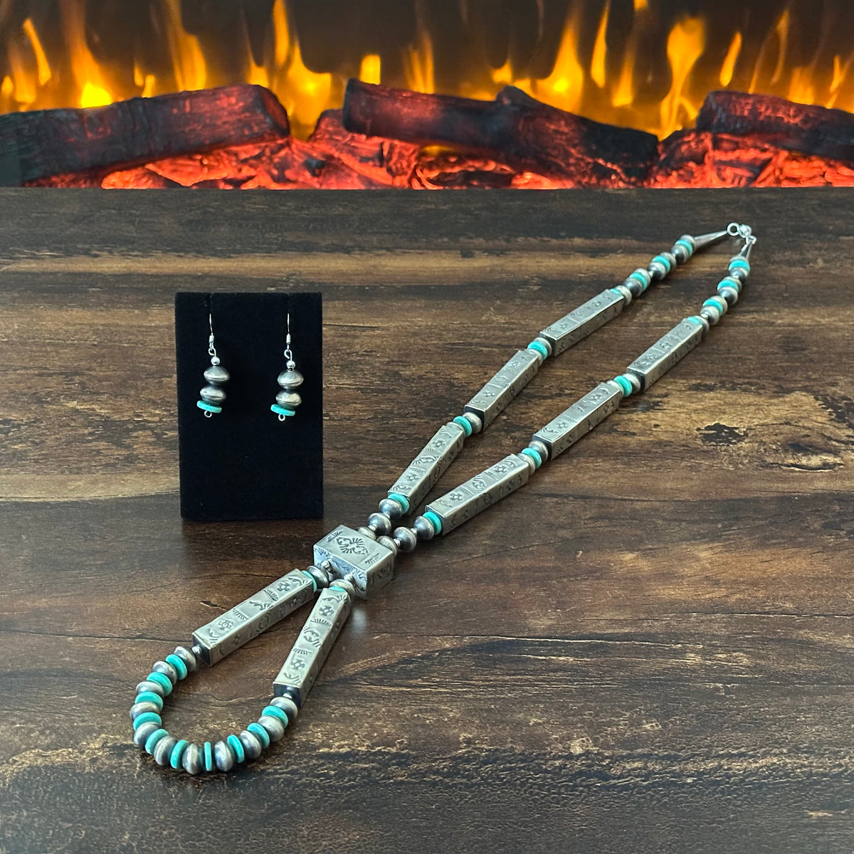Navajo Tysha Aparicio Turquoise Sterling Handmade Rectangular Bead Stamped Necklace Earrings Set