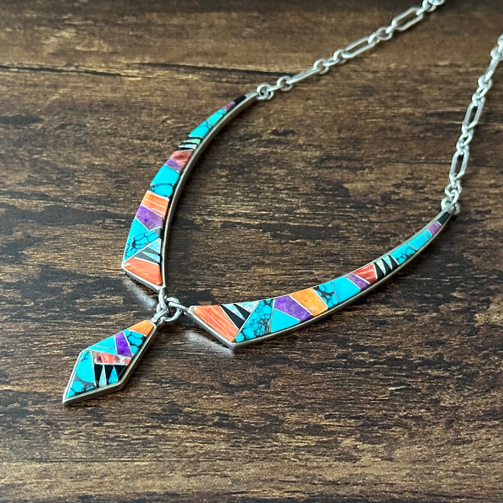 Touch of Santa Fe Turquoise Red Coral Spiny Oyster Sugilite Onyx Opal Sterling Inlay Necklace