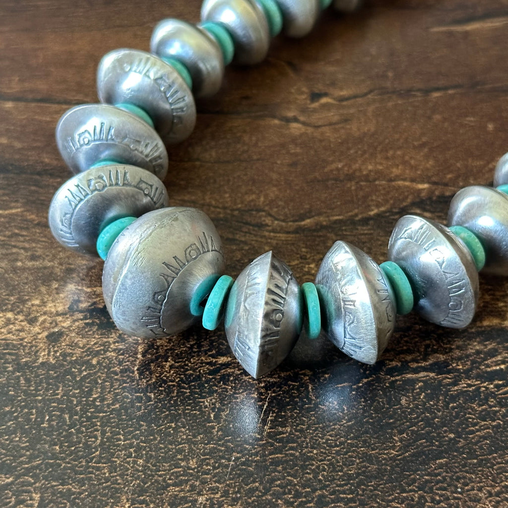 Navajo Tysha Aparicio Turquoise Sterling Handmade Cylinder Bead Stamped Necklace Earrings Set