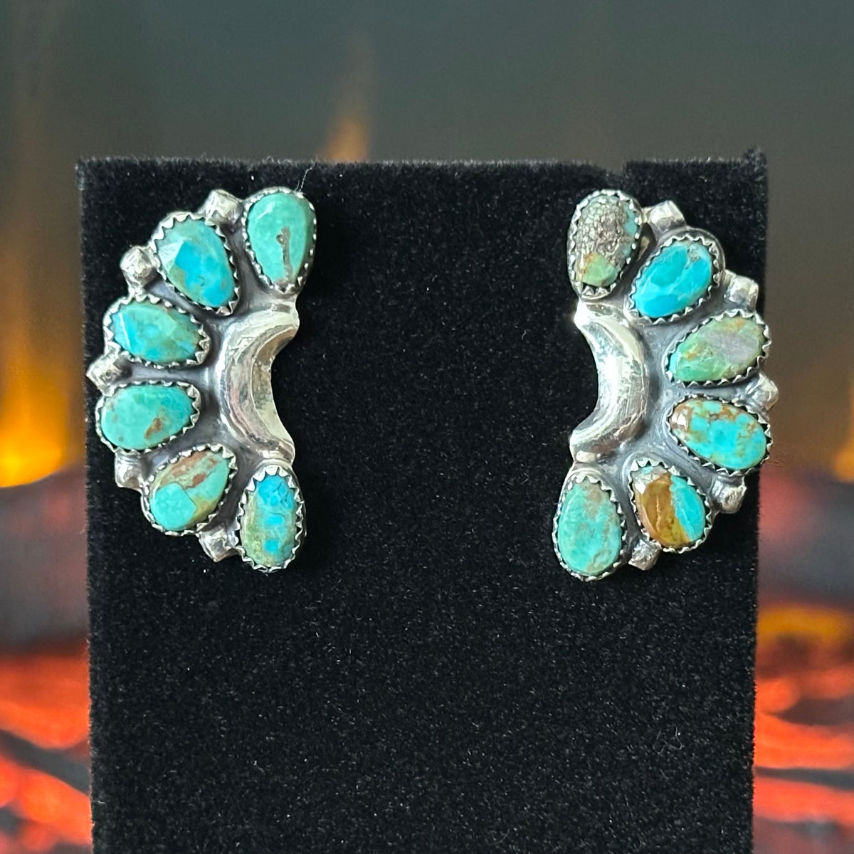 Navajo Derrina Wauneka Kingman 12 Stone Sterling Half Cluster Stud Earrings