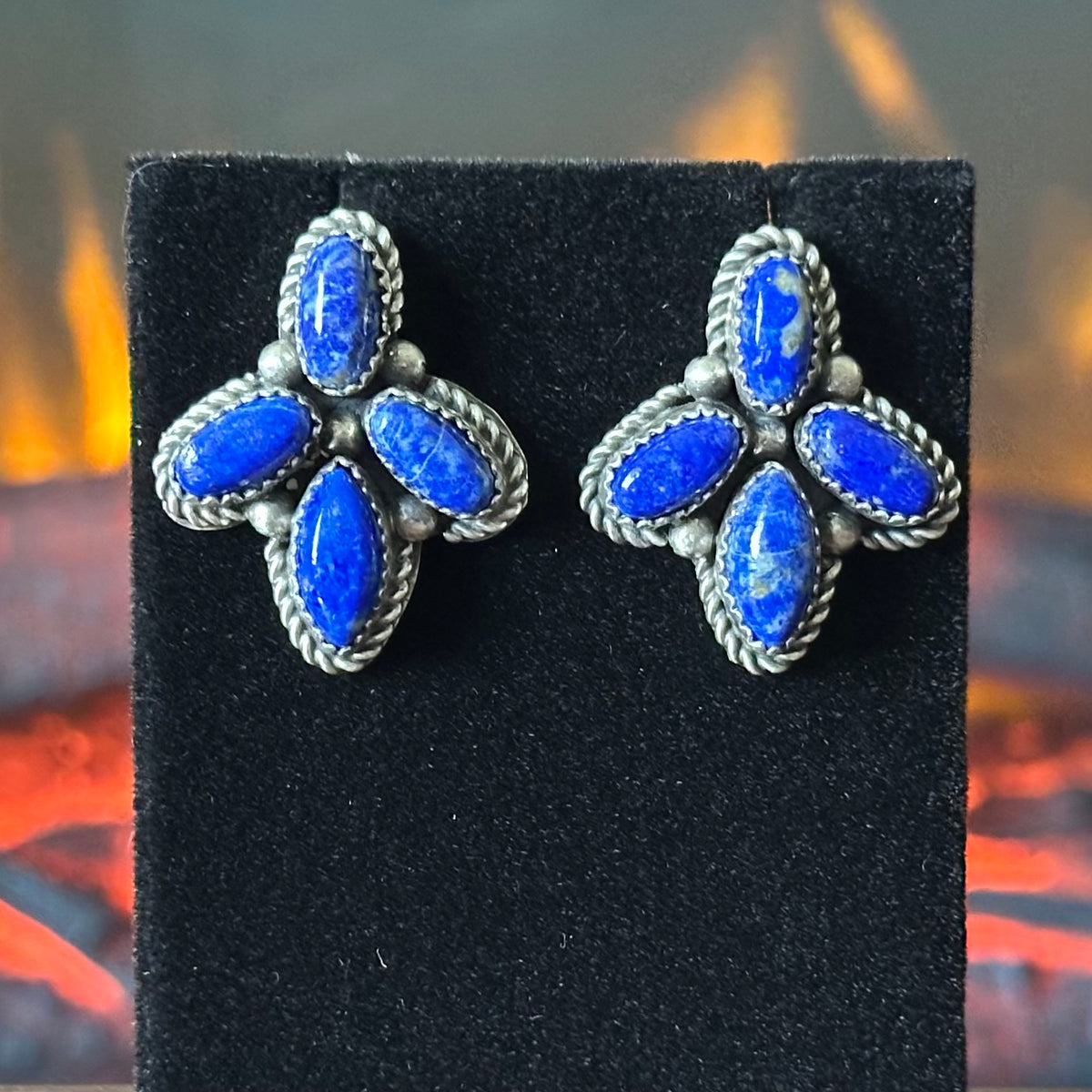 Navajo Pansy Johnson Lapis 52 Stone Sterling Raindrop Cluster Statement Necklace Earrings Set