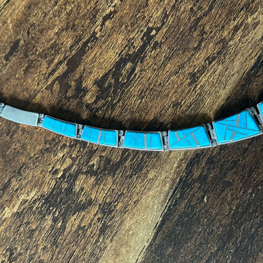 Navajo Pamela Daniels TSF Turquoise Sterling Hinged Geometric Inlay Necklace