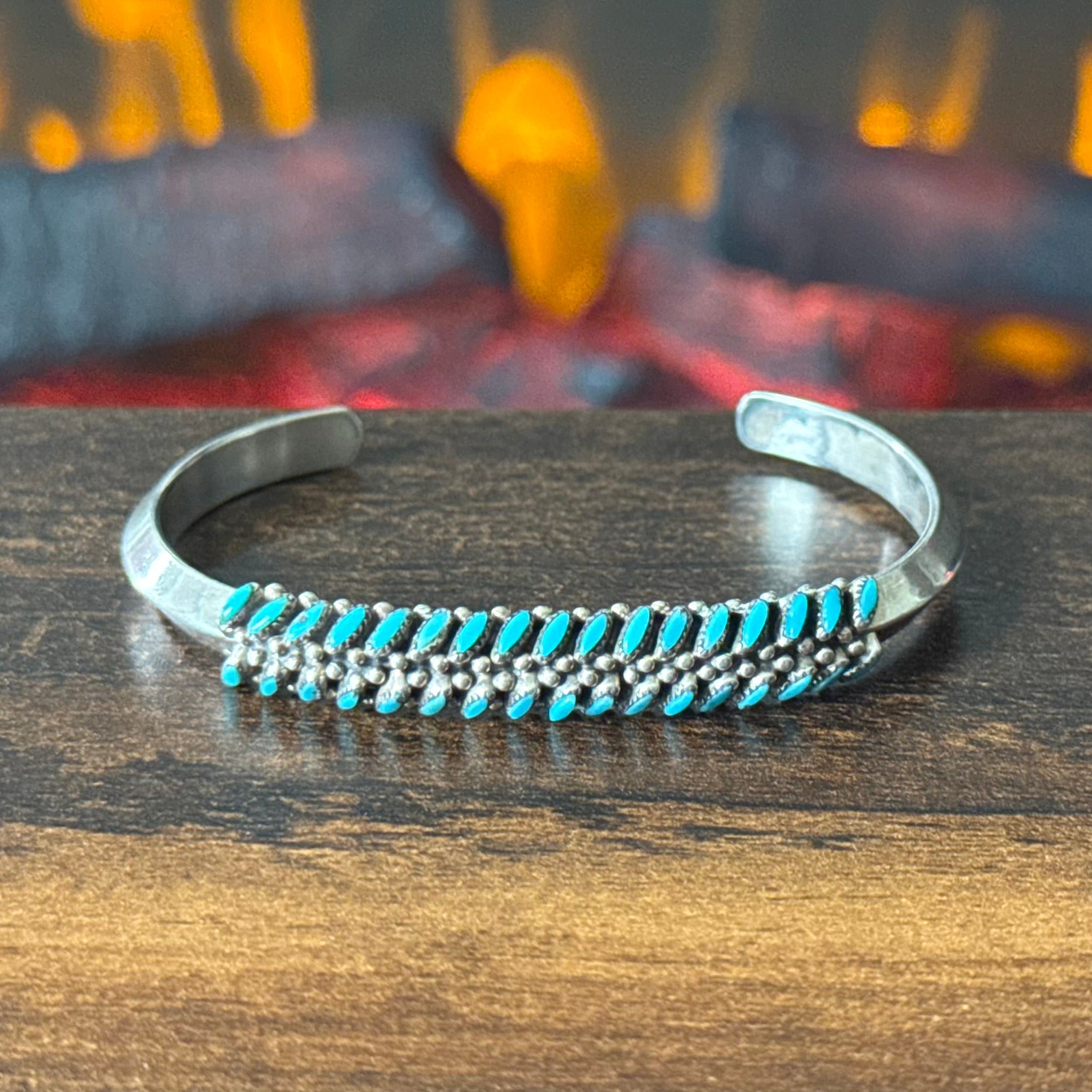 Turquoise 34 Stone Sterling Needlepoint Carinated Stacker Cuff