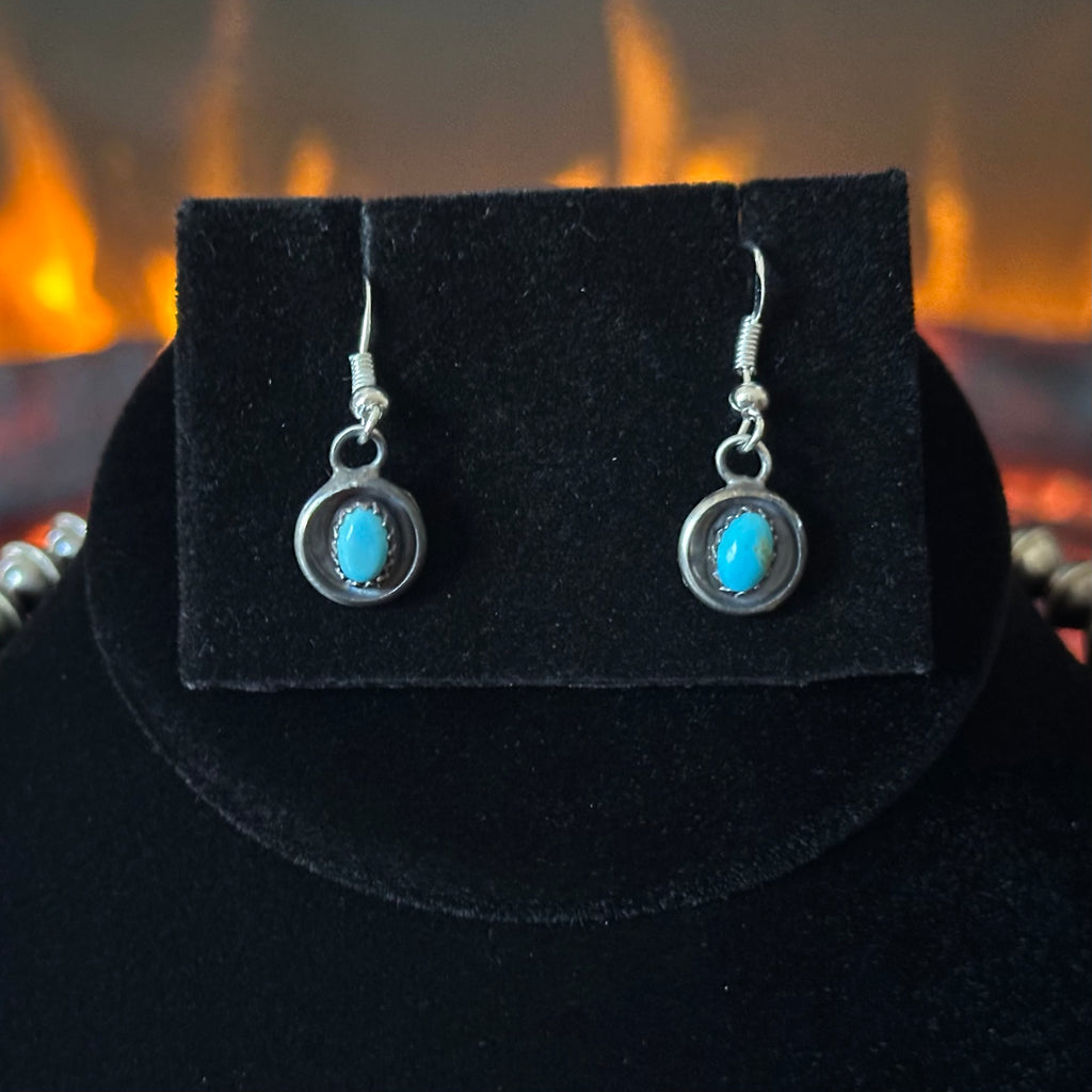 Navajo Phil & Lenora Garcia Sleeping Beauty Turquoise 13 Stone Sterling Oxidized Squash Blossom Earrings Set