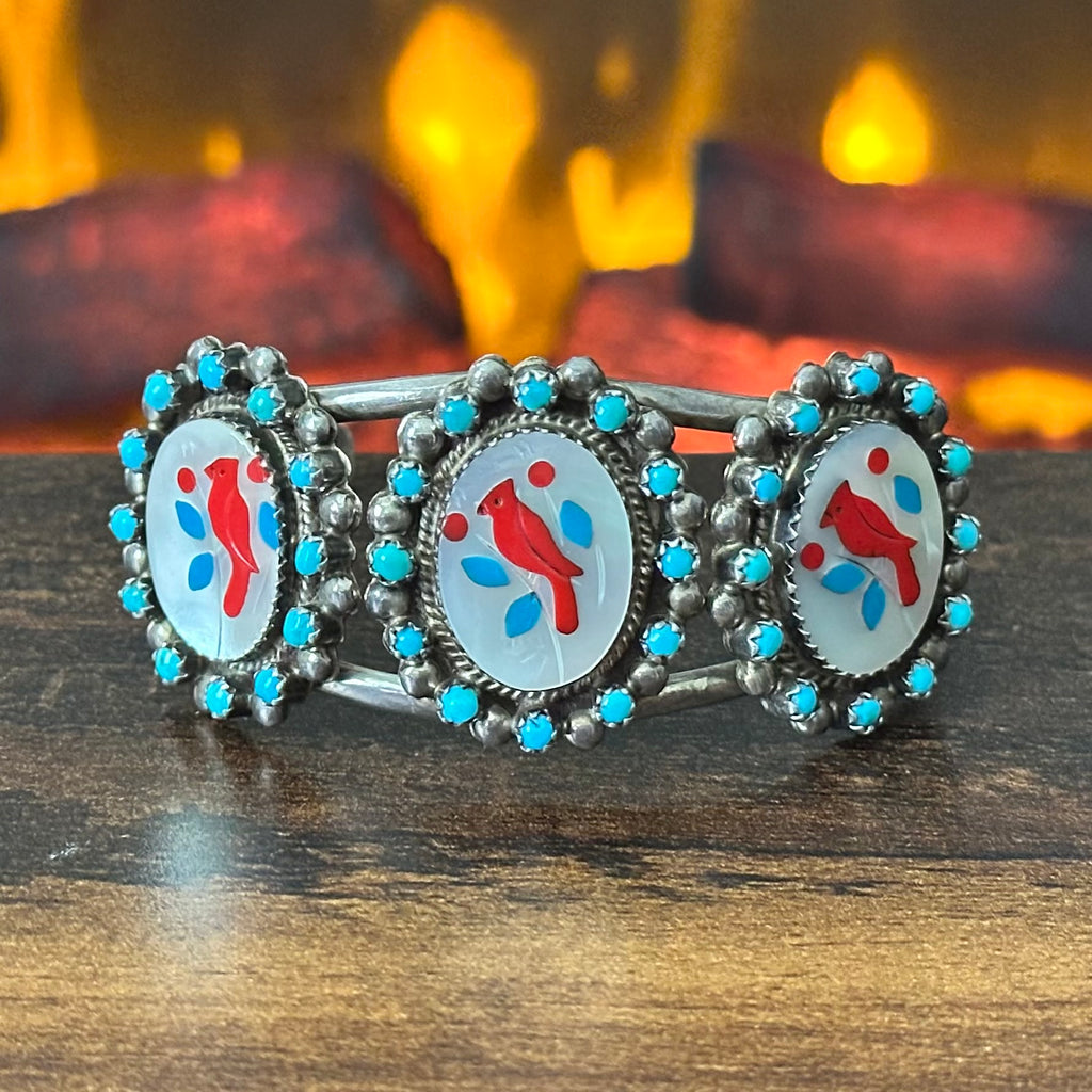 Navajo Antonio Yazzie Turquoise Red Coral Mother of Pearl 36 Stone Sterling Snake Eye Cardinal Inlay Cuff
