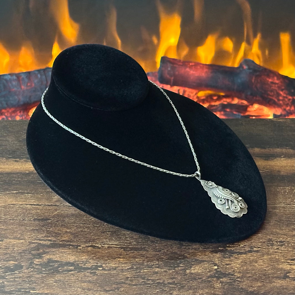 Navajo James W. Tom Sterling Overlay Floral Feather Teadrop Pendant Necklace