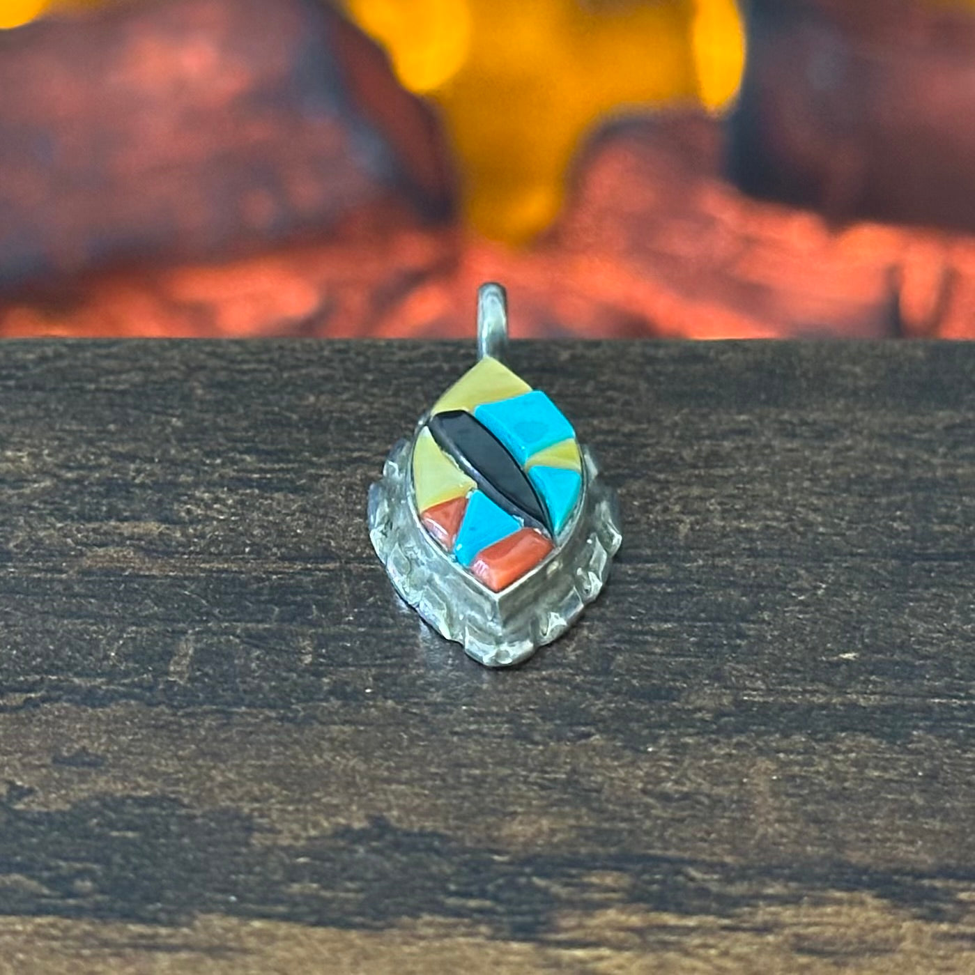 Mexican & Zuni Richard & Geneva Terrazas Signed Turquoise Red Coral Onyx M.O.P. Sterling Cobblestone Inlay Pendant
