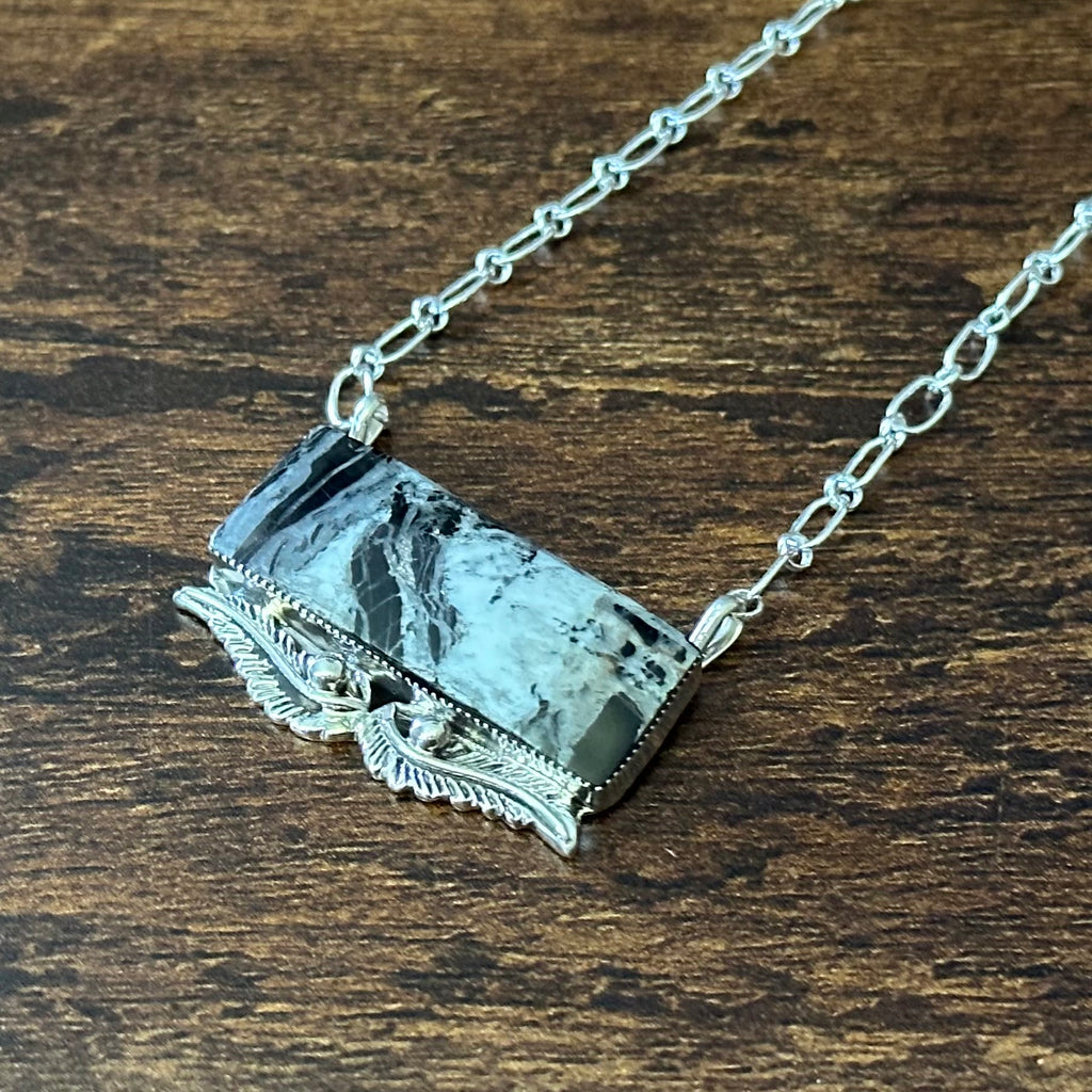 Navajo Gregg Yazzie White Buffalo Sterling Feather Bar Pendant Necklace