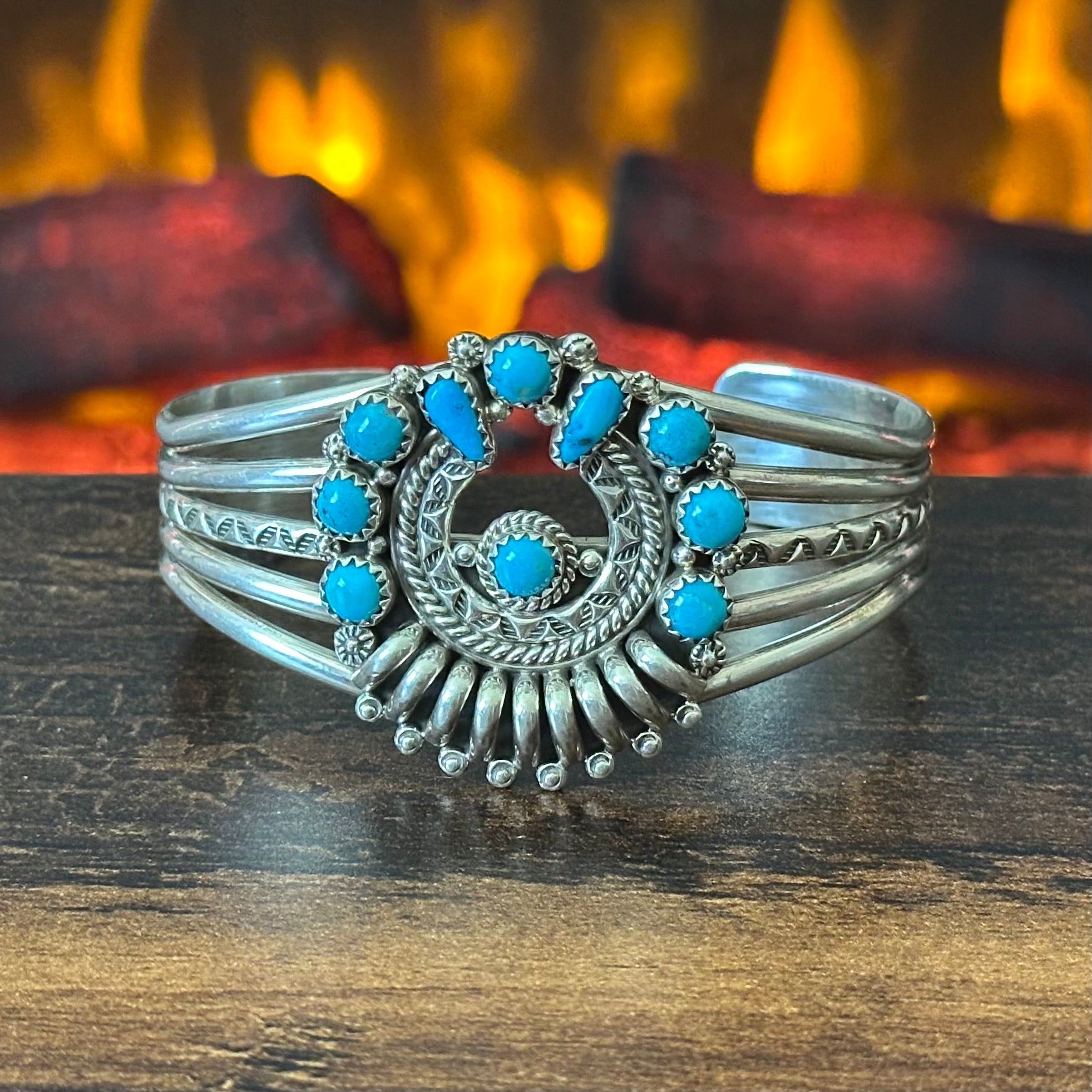 Navajo Nora Tsosie Turquoise 44 Stone Sterling Hand Stamped Petite Point Naja Statement Necklace Earrings Cuff Set