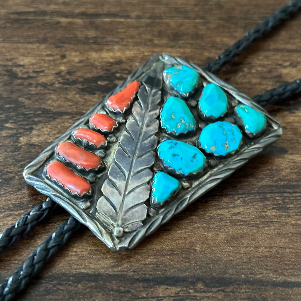 Vance Signed Turquoise Red Coral 12 Stone Sterling Hand Stamped Bezel Leaf Bolo Tie