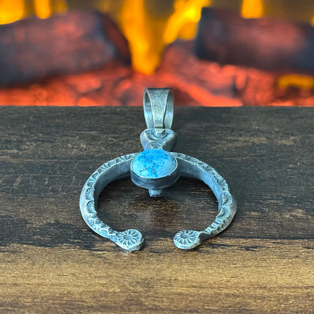 Navajo Kevin Billah Golden Hills Turquoise Sterling Hand Stamped Naja Pendant