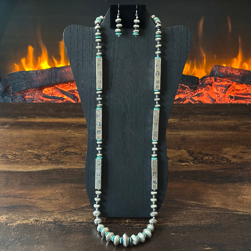 Navajo Tysha Aparicio Turquoise Sterling Handmade Rectangular Bead Stamped Necklace Earrings Set