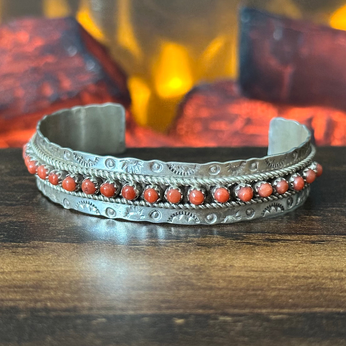 Zuni Jason & Pearl Ukestine Red Coral 21 Stone Sterling Hand Stamped Snake Eye Stacker Cuff