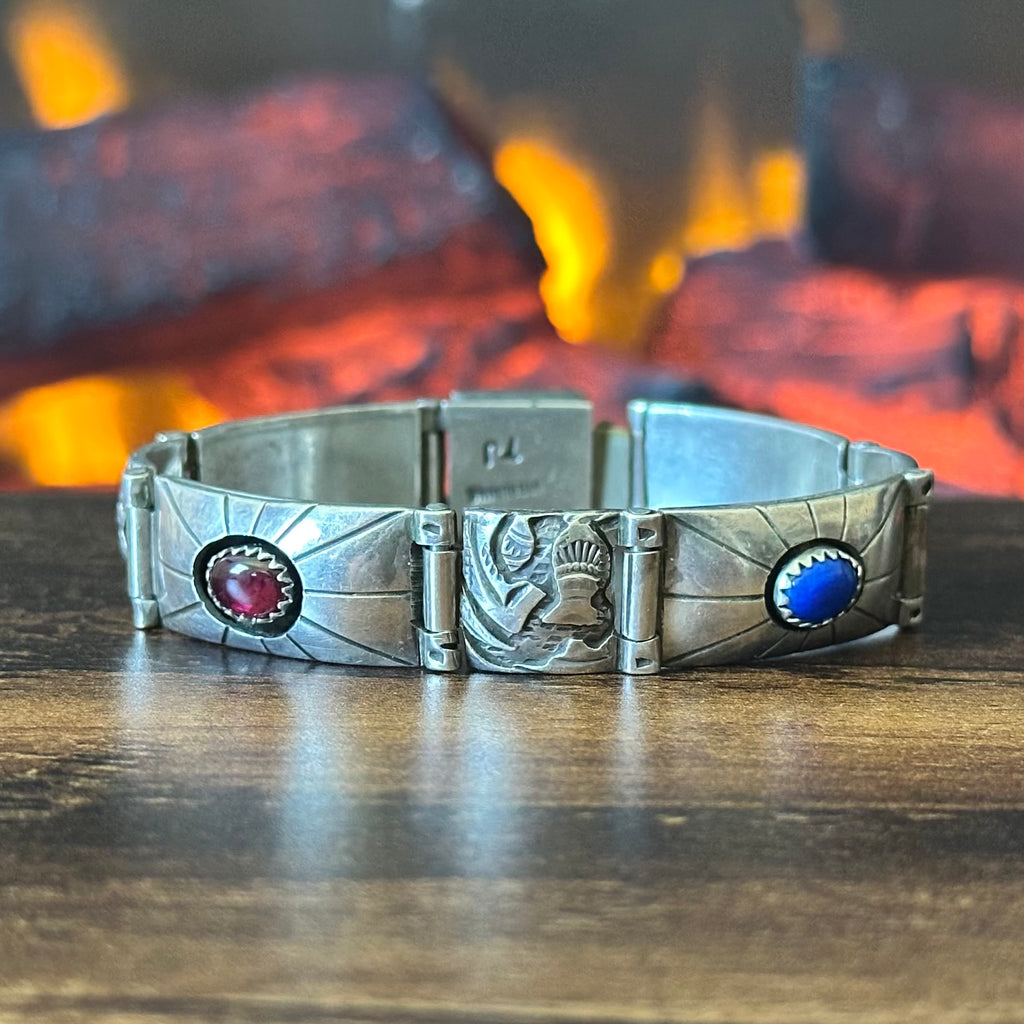 Navajo Tommy Jackson Turquoise Lapis Garnet Malachite Sterling Hand Stamped Bracelet