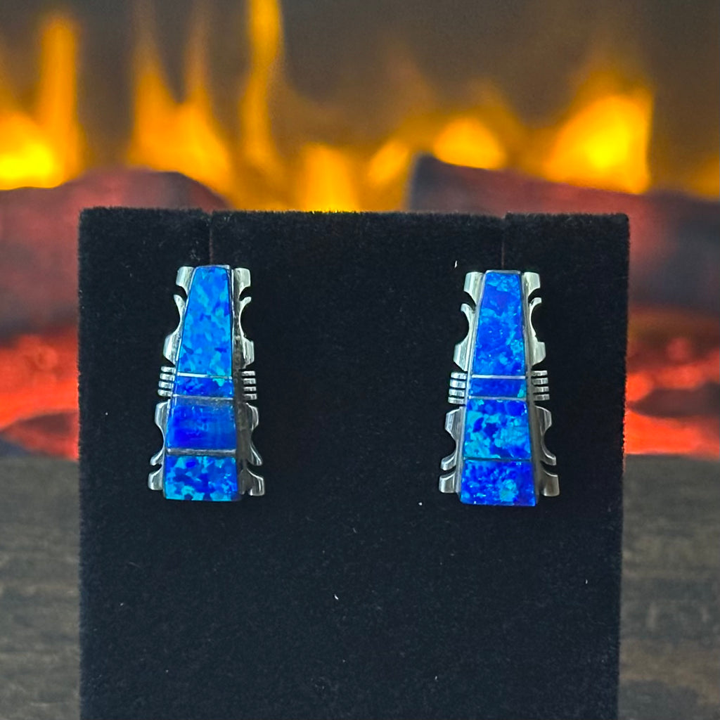 Navajo Steve Francisco Blue Opal Sterling Inlay Stud Earrings