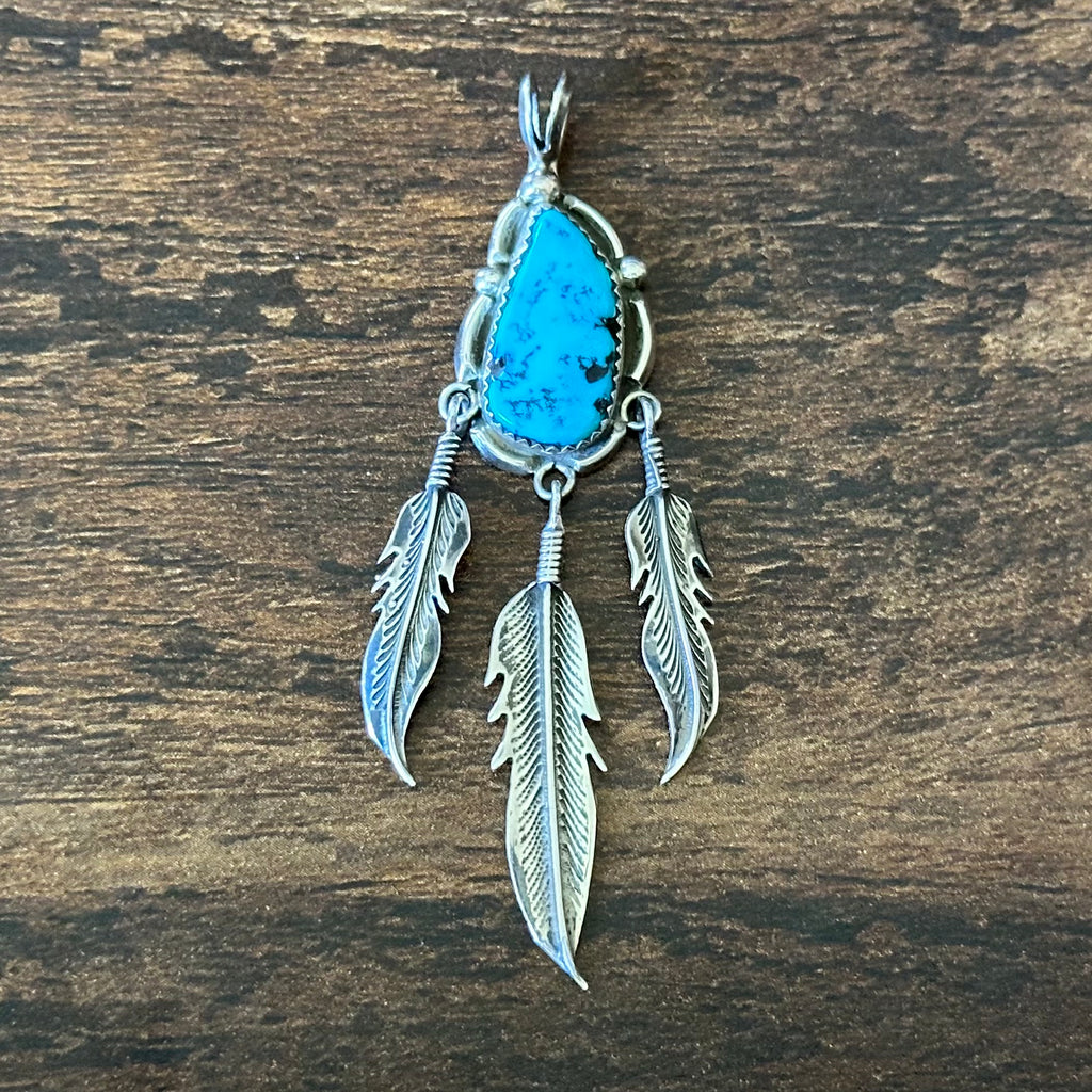 Turquoise Sterling Triple Feather Pendant