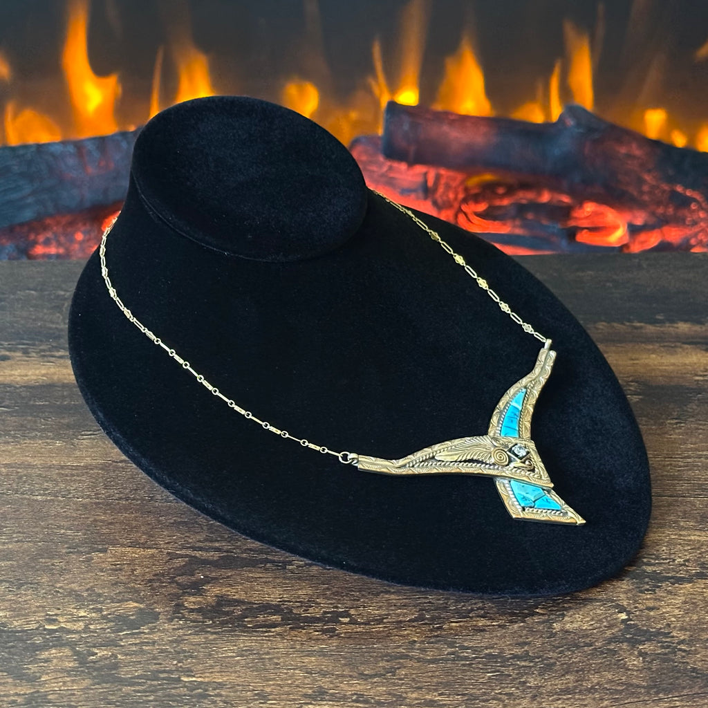 Silver Ray Turquoise Gold Over Sterling Ornate Hand Stamped Inlay Necklace