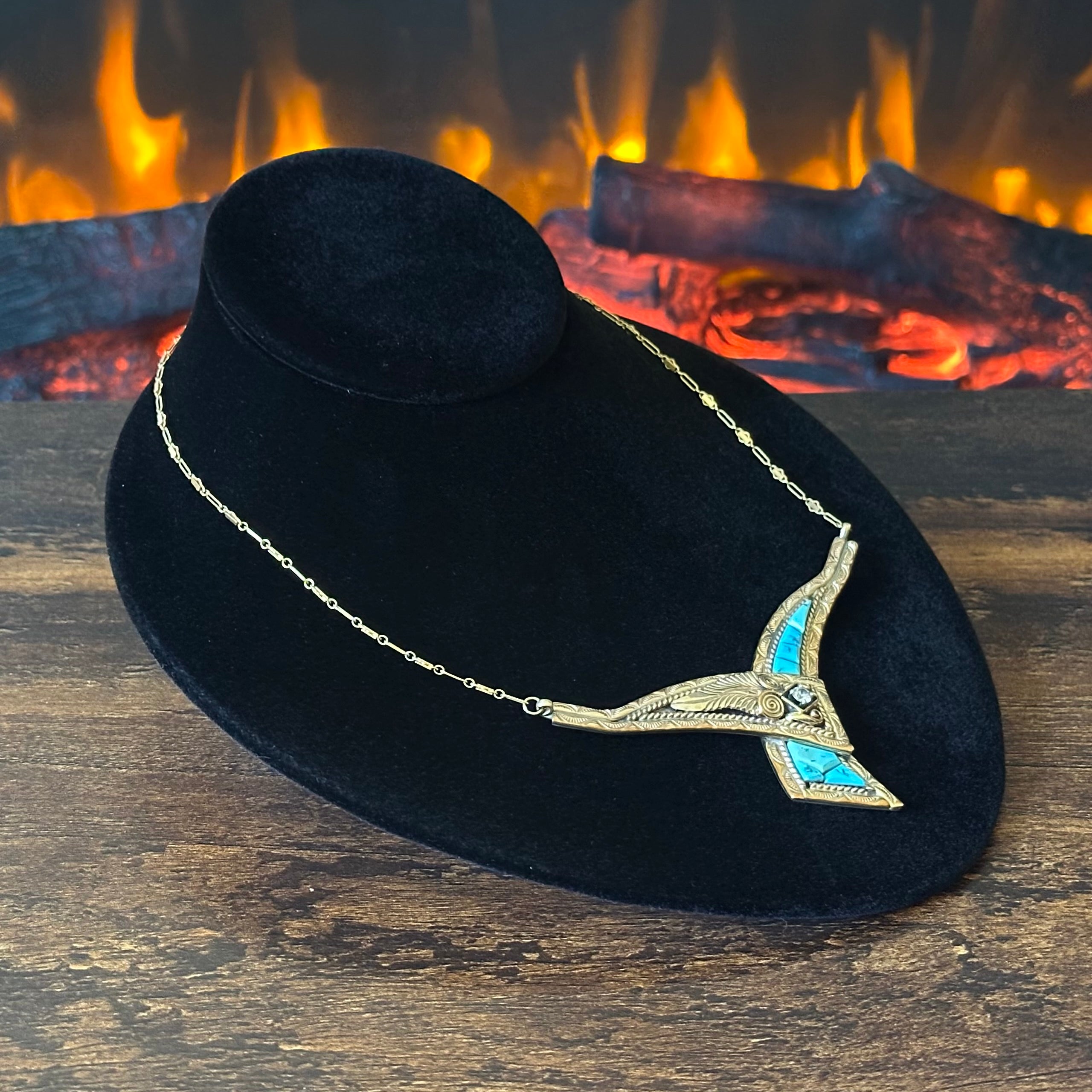 Silver Ray Turquoise Gold Over Sterling Ornate Hand Stamped Inlay Necklace